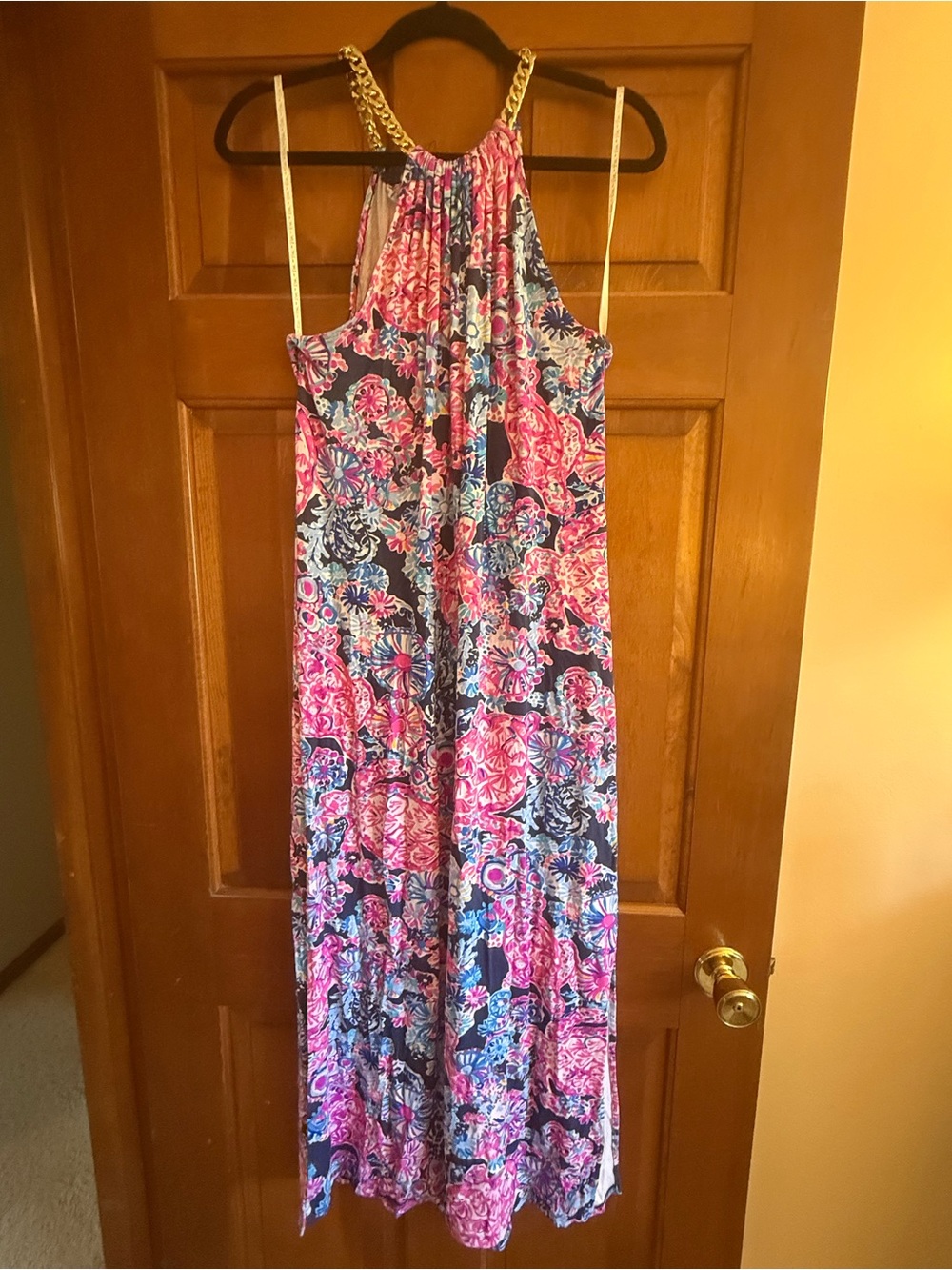 Lilly Pulitzer Multicolor Pink Blue Floral maxi dress with Gold Chain